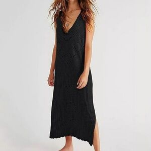 Anna & Ava Black Crochet Knit Midi Dress Boho Sleeveless V-Neck Beach Sz L / XL
